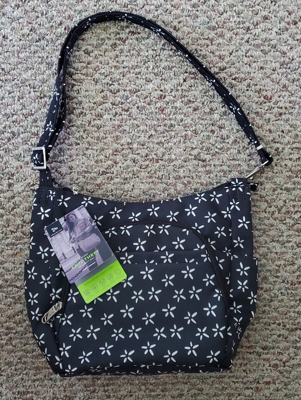 Travelon Anti-Theft Crossbody Bucket Bag Black w/ White Flowers